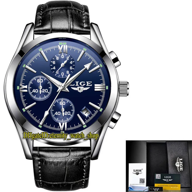 Lige Eternity LG9839 Sport Męskie Zegarki Data Niebieski Dial Srebrzysty Wskaźnik Japonia VK Kwarcowy Chronograph Ruch Mężczyźni Watch Alloy Case Black Leather Pasek