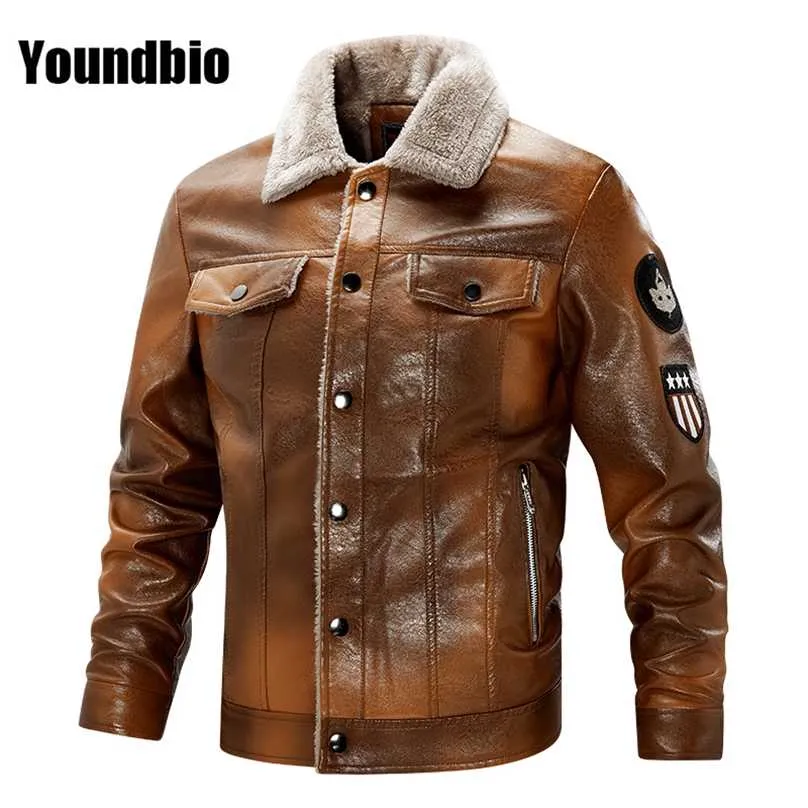 Autumn Men Warm Thick Fleece Leather Jacket Men Winter Jacket Casual Fashion Military Pilot Motorcycle Leather Jacket Men 211222