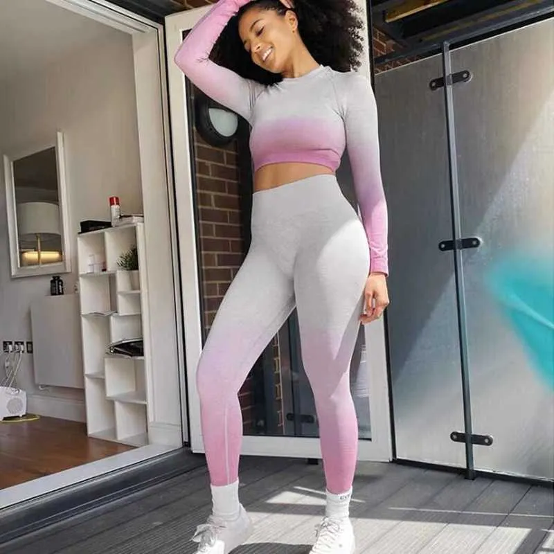 High Waisted Ombre Yoga Set For Women Seamless Seamless Gym Leggings And  Top Suit With Long Sleeves For Fitness And Sportswear From Luo02, $26.38