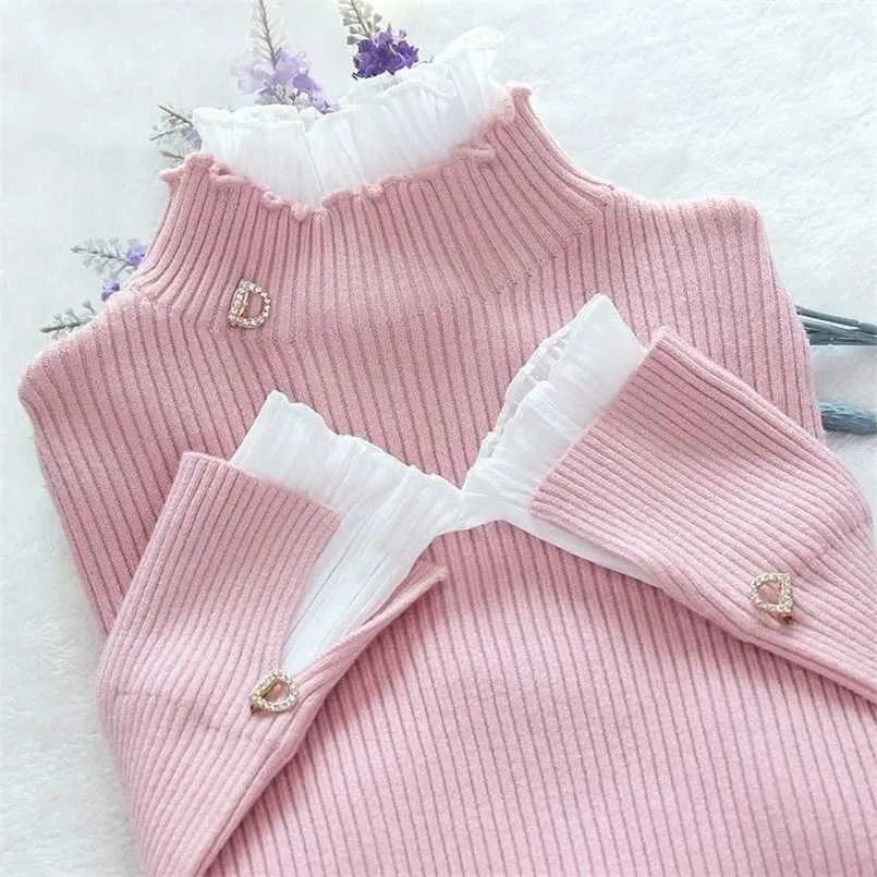 Korean Fashion Patchwork Warm Sweater Women Elegant Long Sleeve Slim Turtleneck Knitted Shirt Chic Net Yarn Ruffle Pullover Top 211103