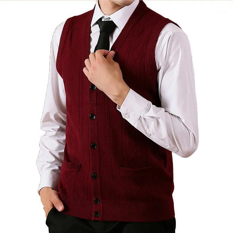 Men's Vests Men Knit Vest Buttons Down Basic Sweater Cardigan Sleeveless 28.5% Wool Business Smart Casual Winter 3D Stripes V Neck A08191014