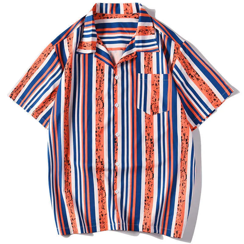 Lato Hawaiian Men Koszulki Krótki Rękaw Pracy Paski Print Bluzka Mężczyźni Przycisk Przycisk Up Top Camisas de Hombre 210527