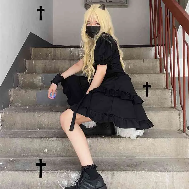 Estate giapponese Harajuku Ragazza morbida Abiti stile scuro Colletto quadrato vintage Manica a sbuffo Fasciatura Sweety Ruffle Abito soffice 210623