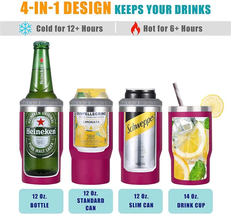 14 Colors 4-in-1 Can Cooler Tumbler 14oz Coffee Mug Stainless Steel Vacuum Cold Cans Holder for 12oz Beer Bottles Outdoor Portable Travel Car Cup