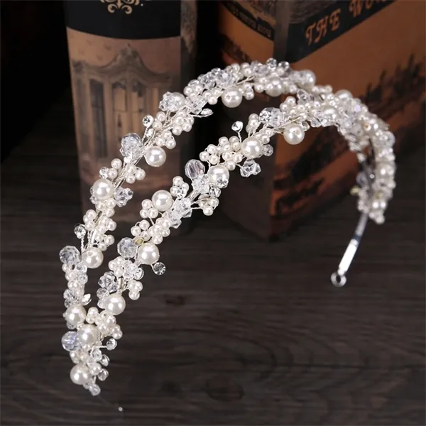 Tuanming Beyaz İnci Kristal Gelin Hairbands Tiaras Gelin Saç Takı için Düğün Taç Bandı Düğün Aksesuarları Saç Giyim X0625