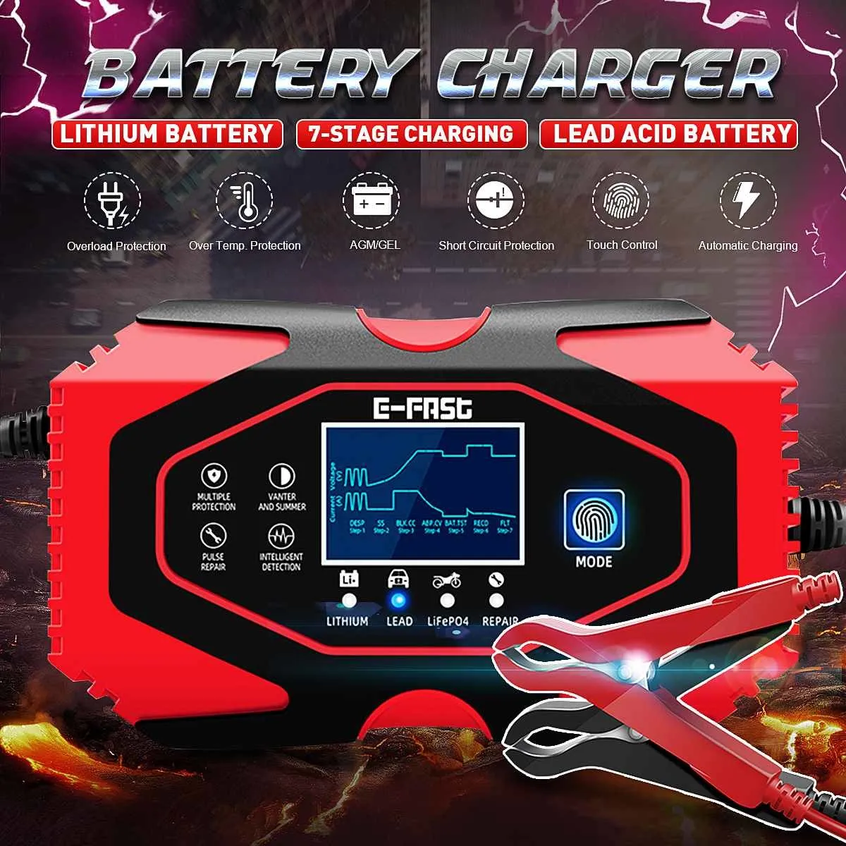 12V-24V 8A Carregador de Carregador de Carregador de Carregador de Carregador Automático Carregador de Pulso de Pulso de Pulso Molhado Wet Dry Chumbo Battery Chargers 7-Stage Carregando