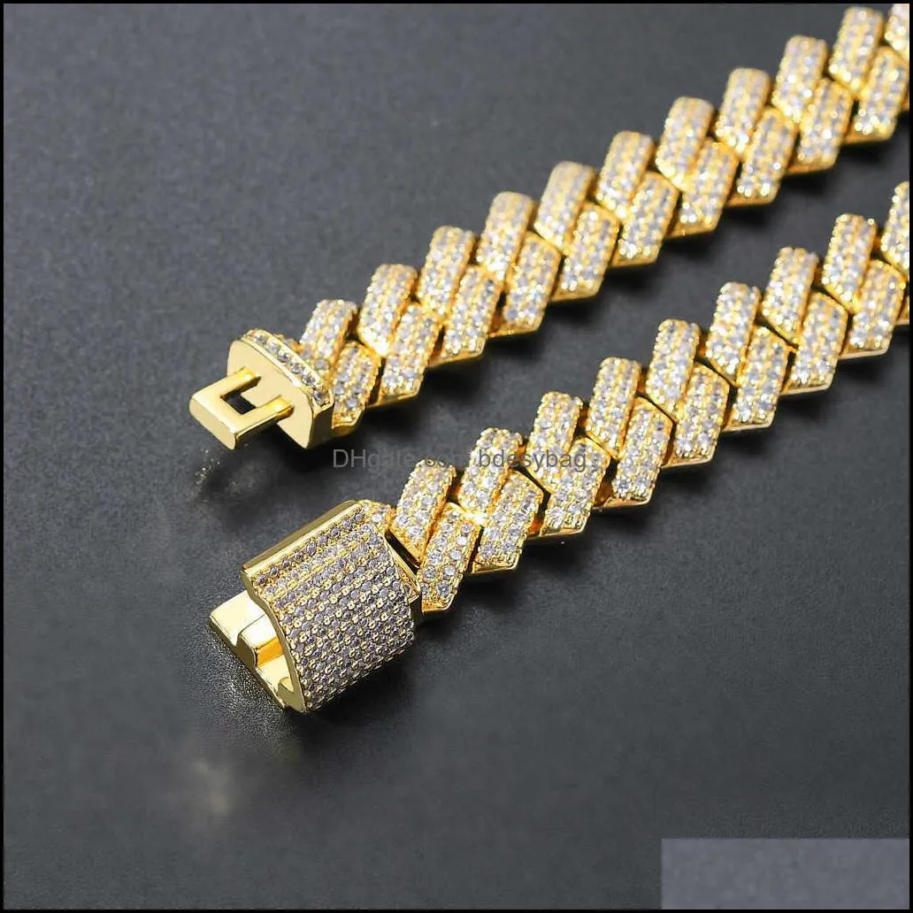New Hiphop Jewelry 14mm 18k Gold Plated Iced Out Prong Link Chain Diamond  Cuban Necklace for Men Women