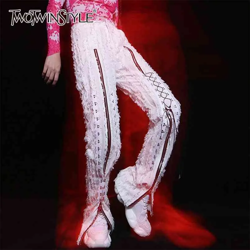 Casual witte broek voor vrouwen hoge taille patchwork tassel onregelmatige volledige lengte brede been broek vrouwelijke lente 210521