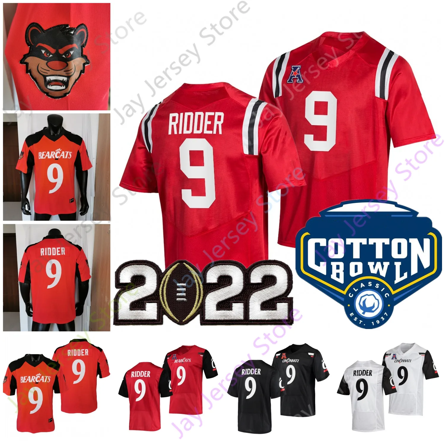 Cincinnati Bearcats Football Jersey NCAA College Desmond Ridder Playoff Cotton Bowl Parche Rojo Blanco Negro Tamaño S-3XL Todos los hombres jóvenes cosidos