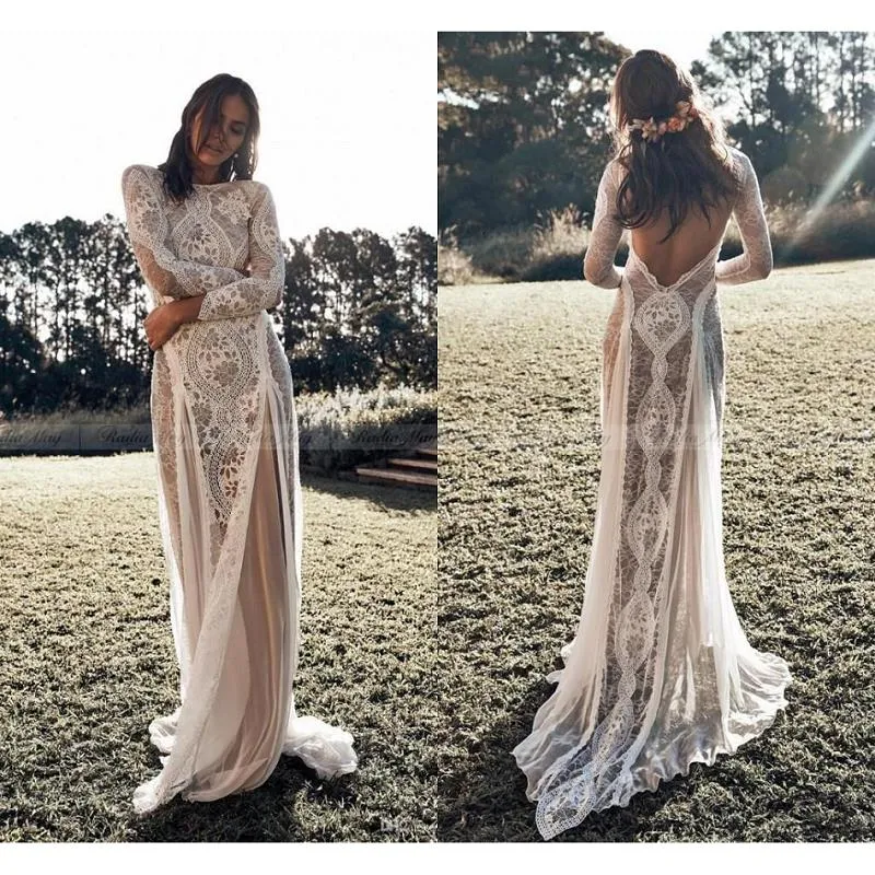 V-Neck Long Sleeves Backless Ivory Chiffon Wedding Dress with Lace WD153  #weddingdresses #weddingwed… | Backless wedding dress, Backless wedding,  Boho wedding dress