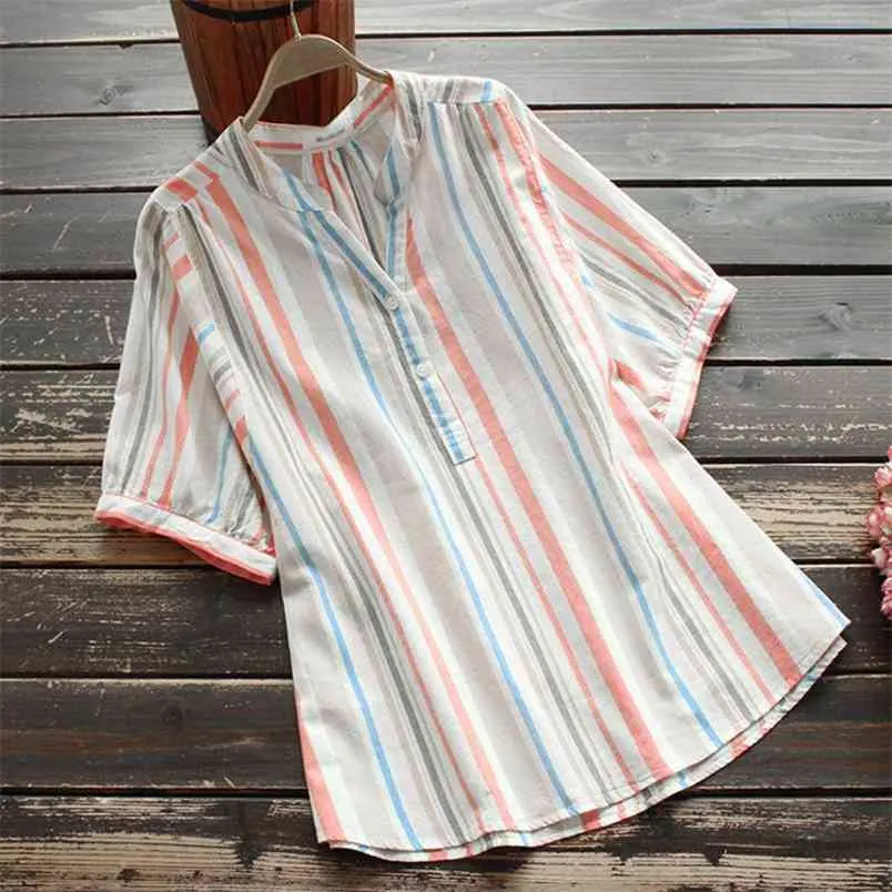 Summer Arts Style Women Short Sleeve Loose Shirt All-matched Casual V-neck Cotton Striped Blouses Plus Size M165 210512