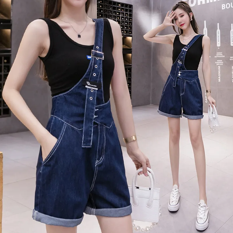 Lucyever mode une bandoulière Shorts femmes été décontracté cinq points Denim pantalon femmes bleu jambe large court jean 210521