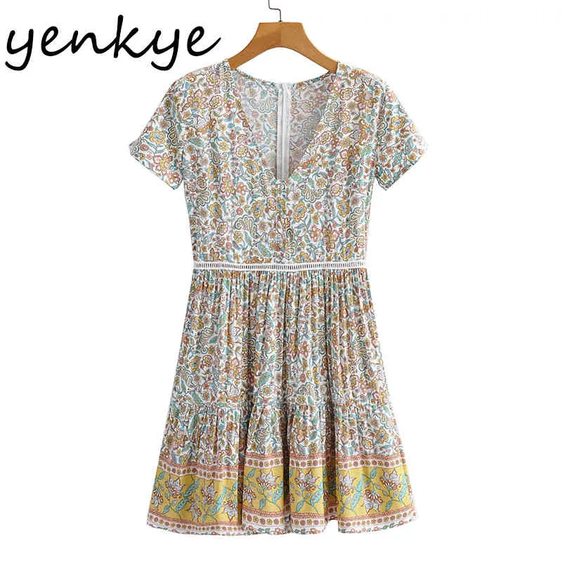 Vintage Çiçek Baskı Rahat Elbise Kadın V Boyun Kısa Kollu Vestido Mujer Pileli Mini Yaz Elbise Tatil Vestido 210430