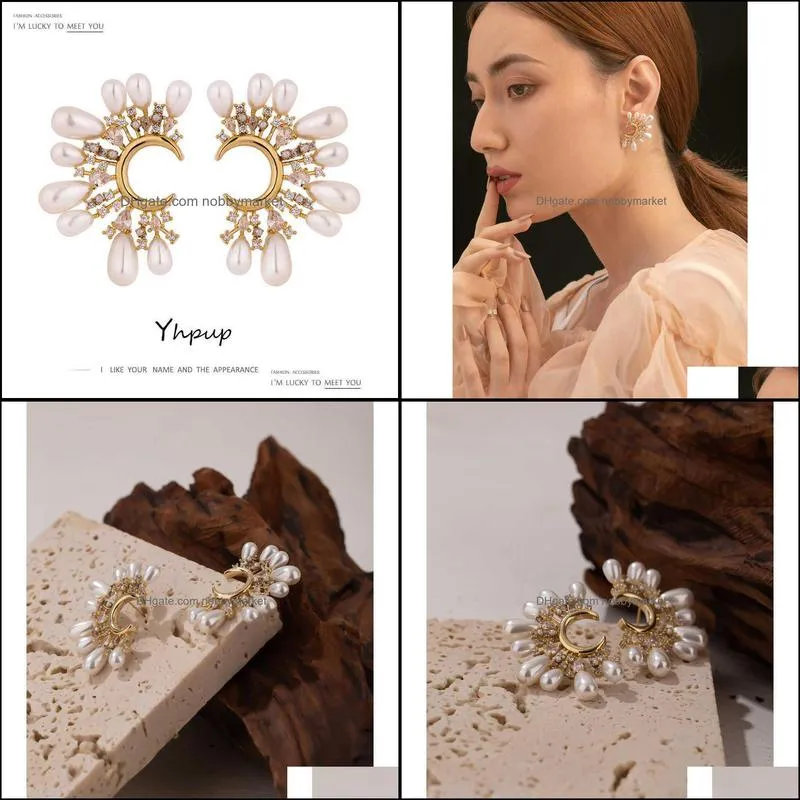 Yhpup Korean Imitation Pearls Flower Stud Earrings for Women High Quality Exquisite Cubic Zirconia Jewelry Earrings Bijoux Femme