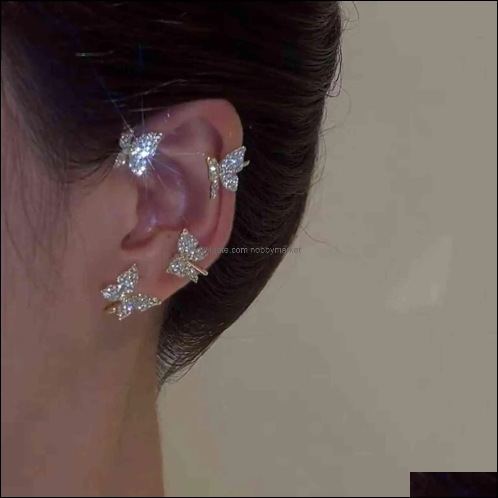 Shining Zircon Butterfly Ear Clip Rings for Women Girls Fashion 1pc Non Piercing Cuff -hook Party Wedding Jewelry Gift