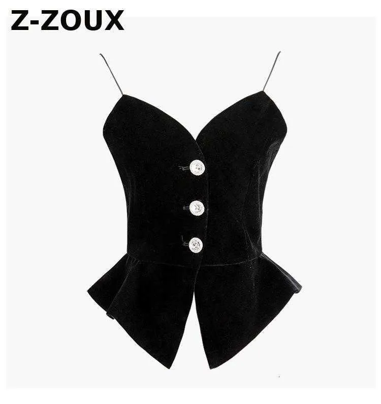 Women Vest Crop Top Diamond Ruffle Velour Tops V-neck Vintage All Match Sexy Short Black Fashion 210524
