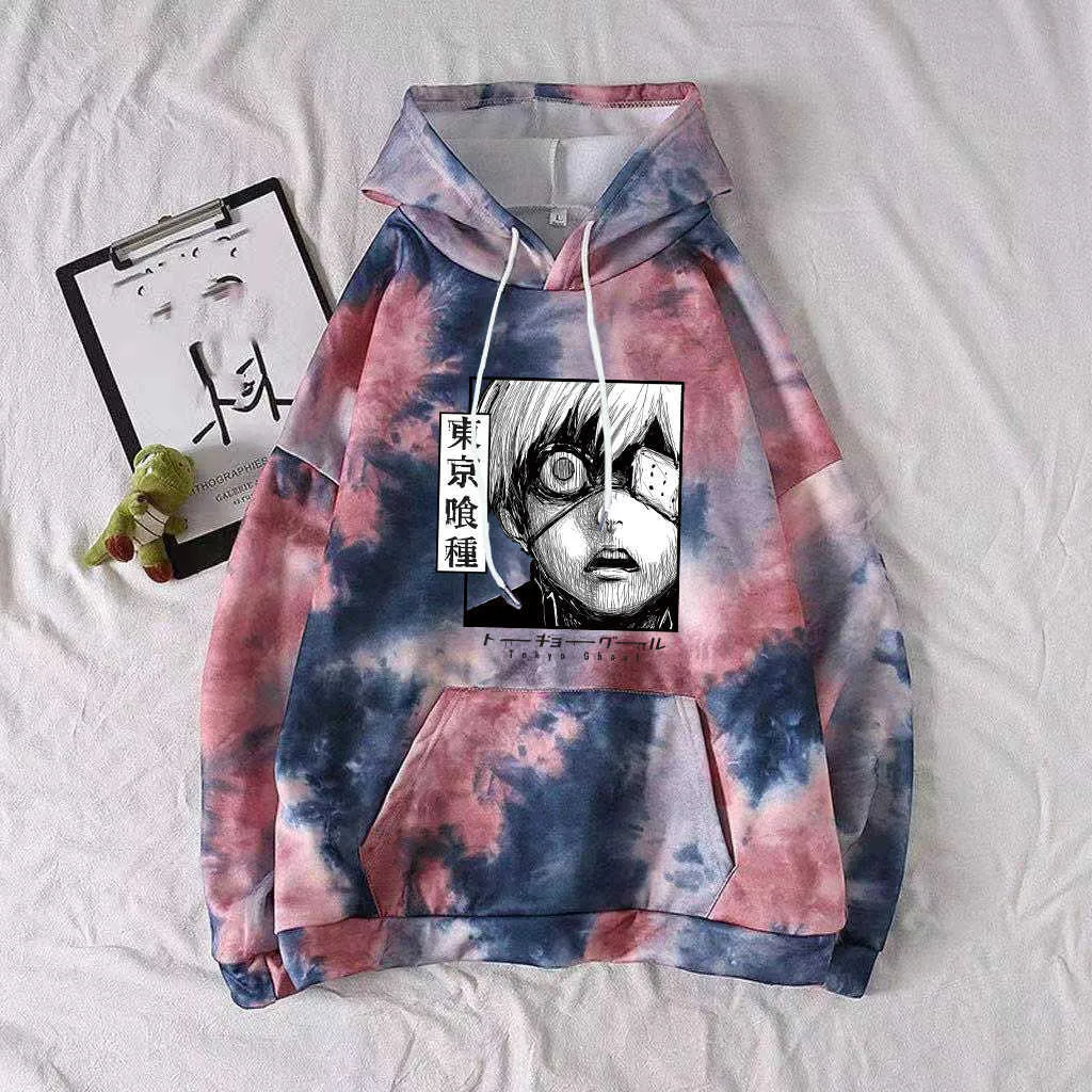 Tokyo Ghoul Anime Manga Hoodie Kaneki Ken Tryckt Hooded Tie-färgficka Långärmad Sweatshirt Punk Causal Tops Y0803 Y0804