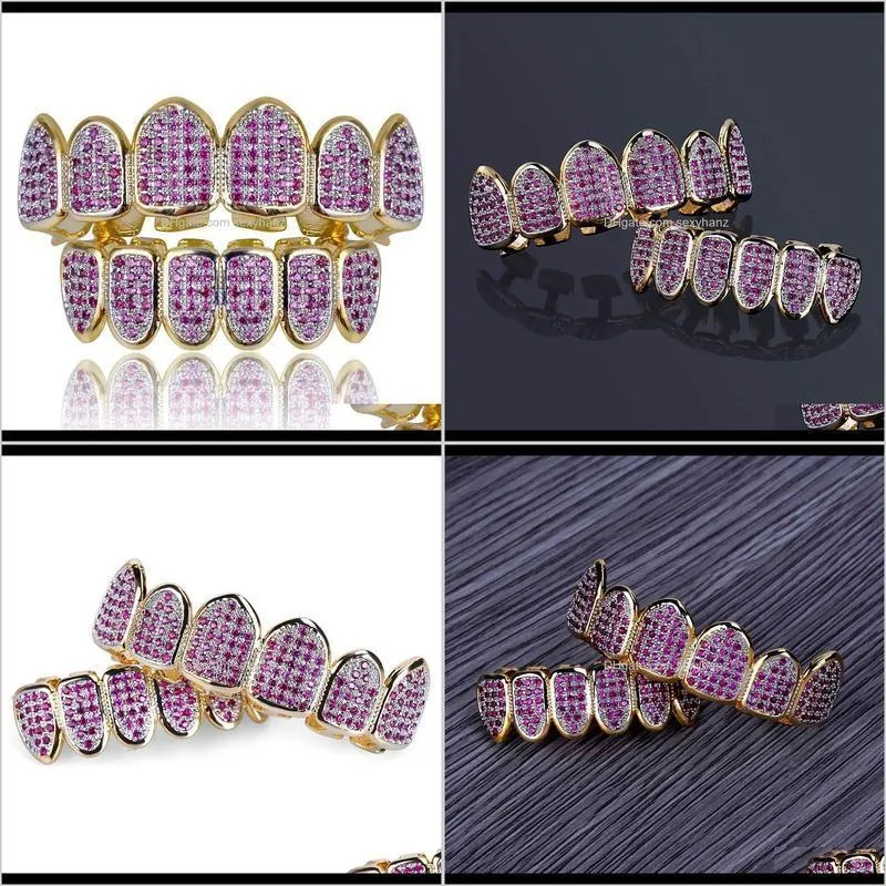 New Custom Fit Hip Hop Gold Teeth Grillz Caps Micro Pave Fuchsia Cubic Zirconia Top & Bottom Grills Set for Christmas Gift Women