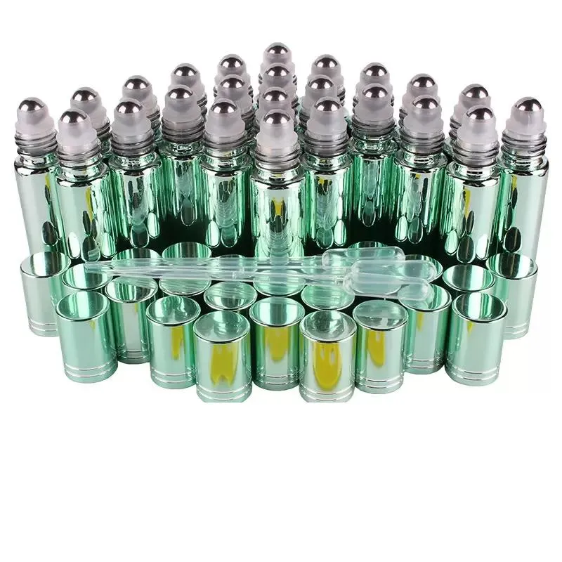 2021 nouveau 24pcs 10ml huile essentielle verte rouleau de verre enduit UV sur des flacons de bouteilles avec bille roulante en acier inoxydable pour l'aromathérapie de parfum