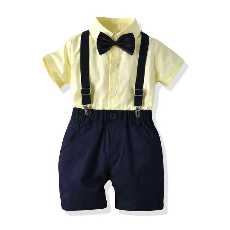 Top och Top Brand Boys Kläder Set Casual Bow Slips Kortärmad T-shirts + Suspendera Byxor Kids 2PCS Suit Wedding Party Clothing G220310