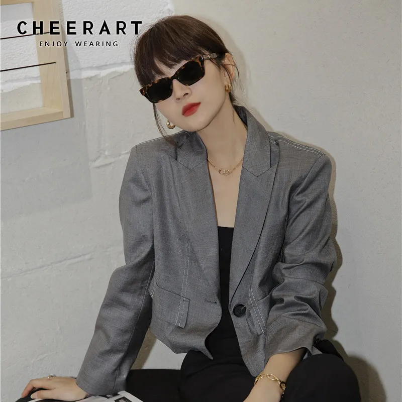 Grey Cropped Blazer Women Autumn Contrast Stitch Ladies Jacket Lapel Single Brested Short Coat Fashion Designer 210427