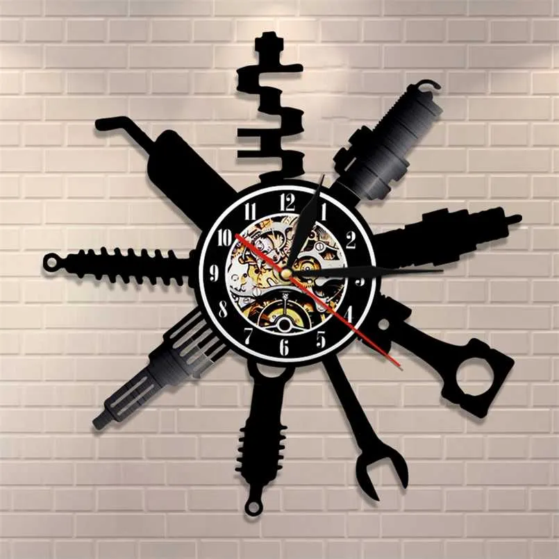 Auto Repair Shop Wall Sign Decorative Modern Wall Clock Car Mechanic Service Workshop Vinyl Record Clock Garage Repairman Gift 211110