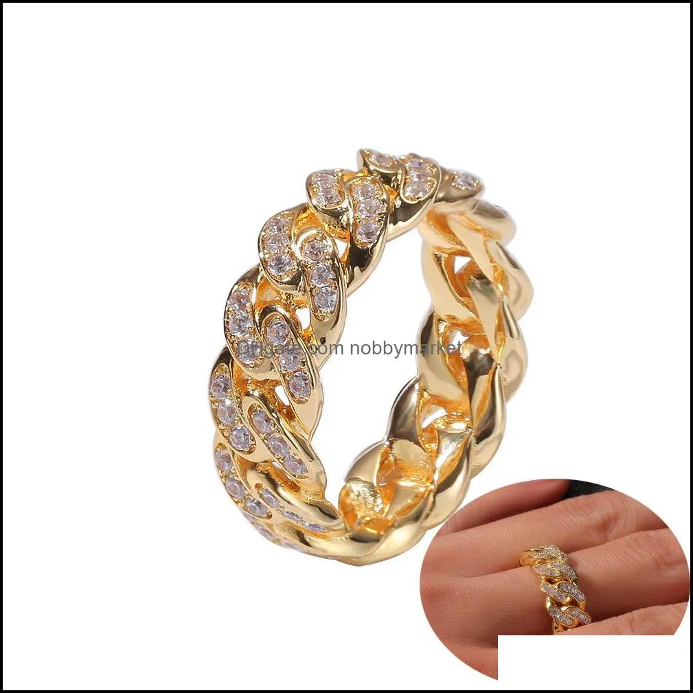 Bagues de bande Bijoux 8mm Hommes Cubain Lien Chaîne Hip Hop Zircon Pierre Or Sier Glacé Bague Pour Femmes Hiphop Cadeau Drop Livraison 2021 39Mi0