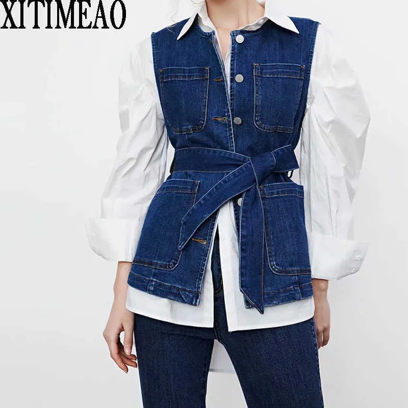 Za Denim Gilet Manteau Femmes Printemps Automne Sans manches O Cou Slim Veste d'extérieur avec ceinture XITIMEAO 210602