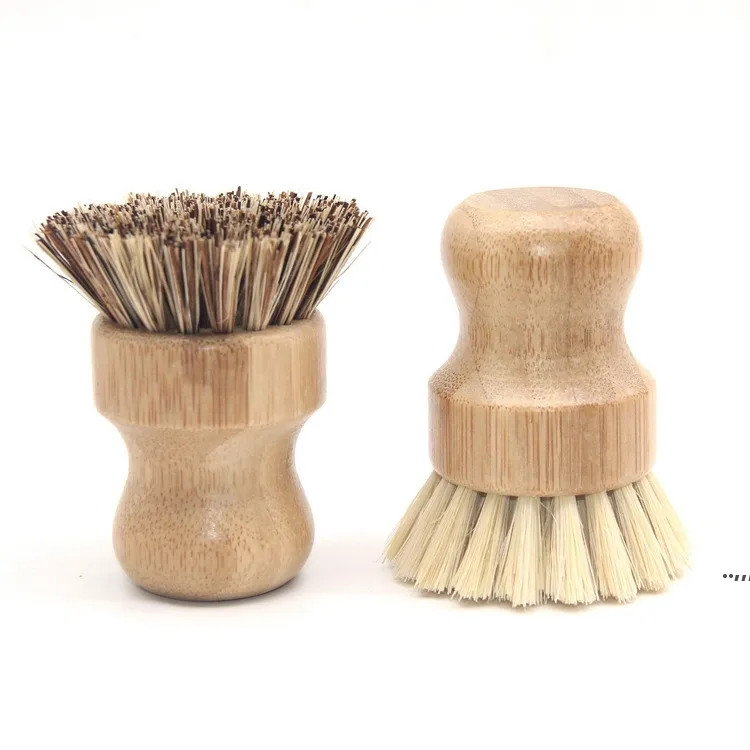Spazzola rotonda in legno con manico in vaso, piatto domestico, palma in sisal, bambù, faccende da cucina, strofinare le spazzole per la pulizia RRE11970