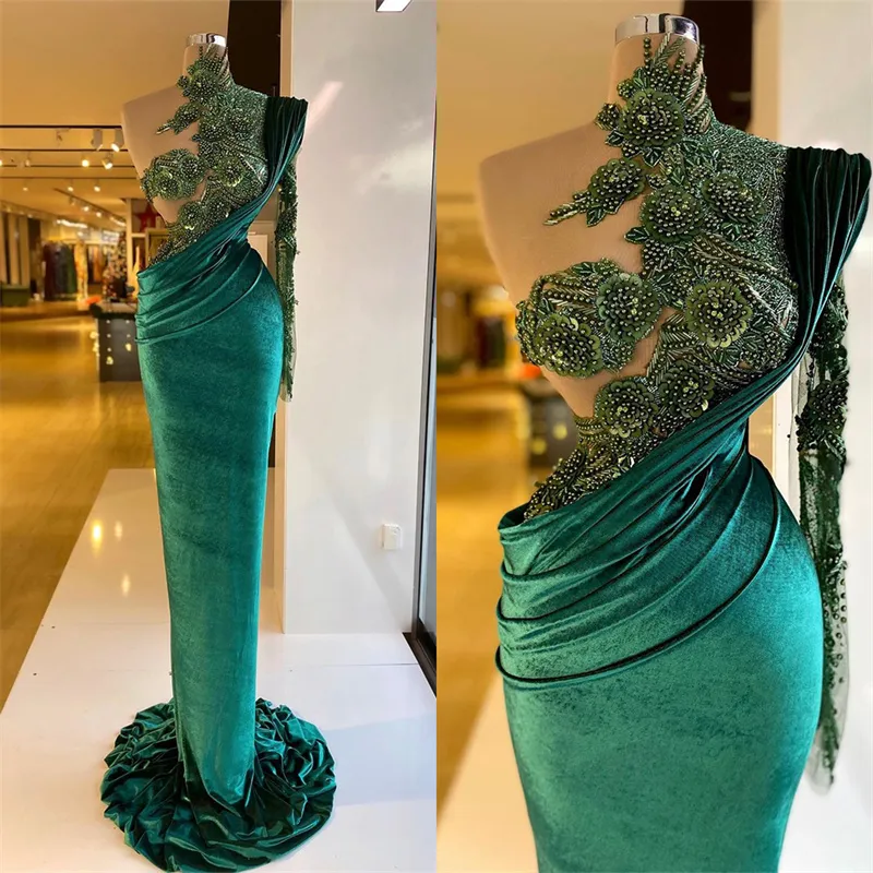 Emerald Green Mermaid Prom Dresses Off The Shoulder Lace Appliques Evening Dress Custom Made Beaded High Neck Floor Length Party Gown