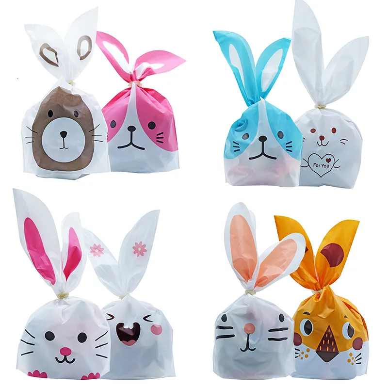 50pcs / lot Cute Rabbit Ear Bags Cookie Plastic Candy Presentväska För Kakor Snack Bakning Paket och Event Party Supplies