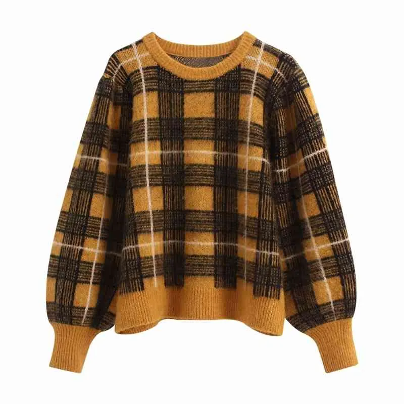 Streetwear Women O-Neck Sweaters Fashion Ladies Plaid Knitted Tops Causal Female Chic Puff Sleeve Loose Pullovers 210430