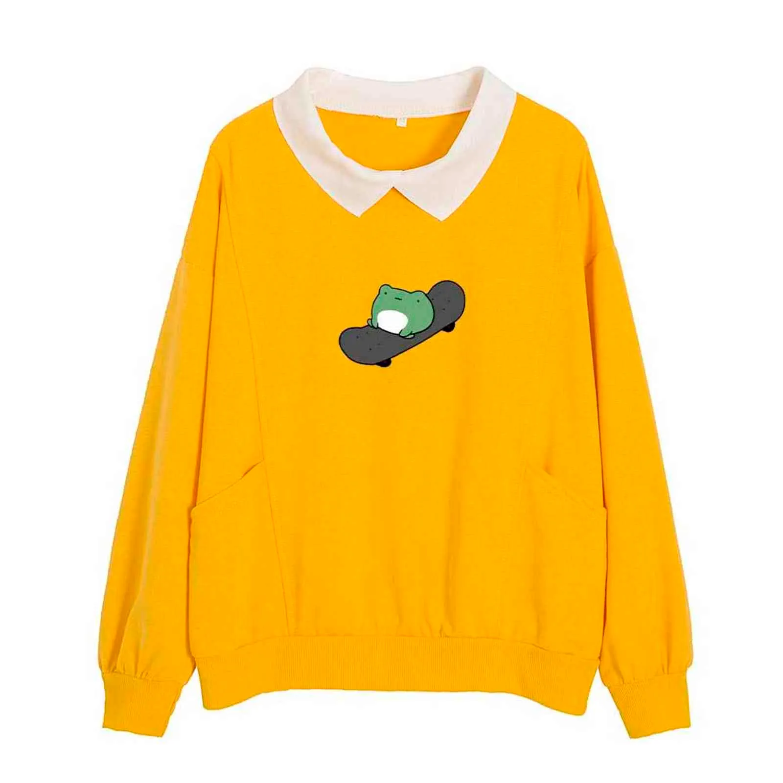 Women's Cute Frog Hoodie - Cottagecore Kawaii Sweatshirt (Yellow, Large)
