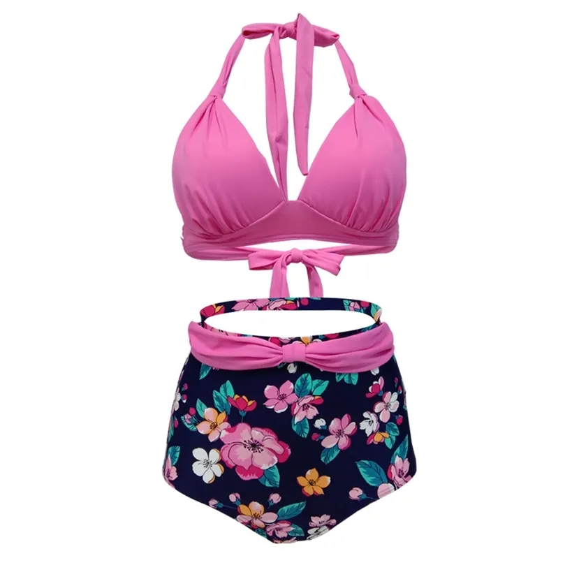 Ruched bikini baddräkter kvinnor höga midja halter uppsättningar pläterade blommiga / prickar print plus storlek tvådelade baddräkt grossist 210712