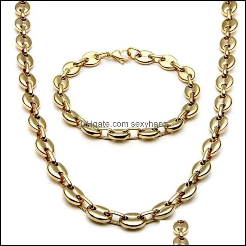 Earrings & Necklace 2021 Wide Brand Gold Tone Stainless Steel Jewelry Coffee Bean Link Chain Bracelet Set