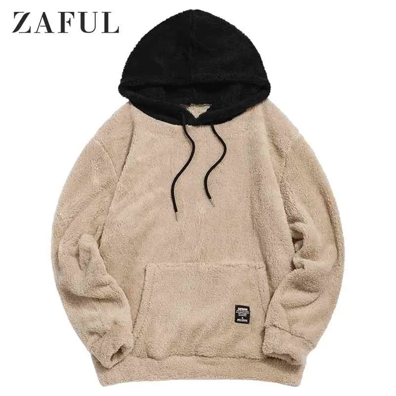 Kış Colorblock Ekleme Faux Kürk Kabarık Hoodies Erkekler Uzun Kollu Kazak Kadın Kazak İpli Casual Hoodie 210715 Tops