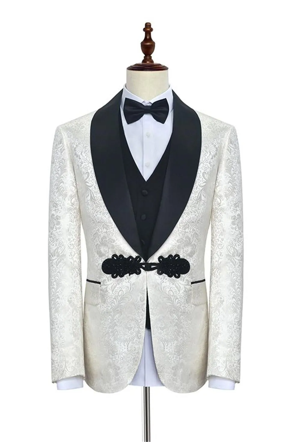 고품질 한 단추 화이트 패턴 화이트 패턴 신랑 턱시도 숄 옷깃 웨딩 / 댄스 파티 / 저녁 식사 Groomsmen 남자 정장 블레이저 (자켓 + 바지 + 조끼 + 넥타이) W1380