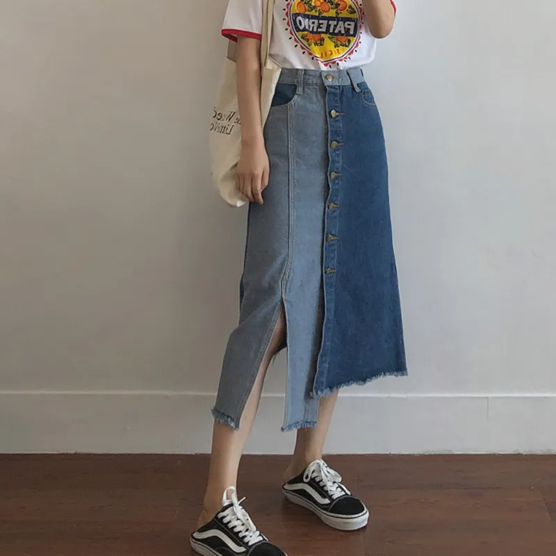 Frühling Nähte Kontrast Farbe Trend Damen Denim Rock Koreanische Große Größe Einreiher Design Untere Kleidung 210510