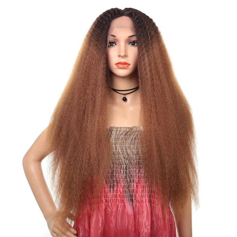 32 inches Kinky Straight Synthetic Lace Front Frontal Wigs Simulation Human Hair T Color perruques de cheveux humains RGF-7277Z