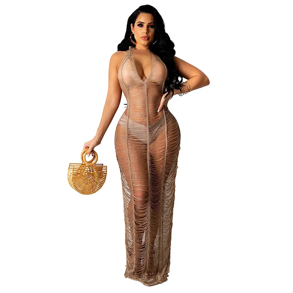 Sommer Frauen Sexy Bleistift Kleider Mesh Durchsichtig Badeanzug Cover Up Ärmel Aushöhlen Strand Maxi Kleid