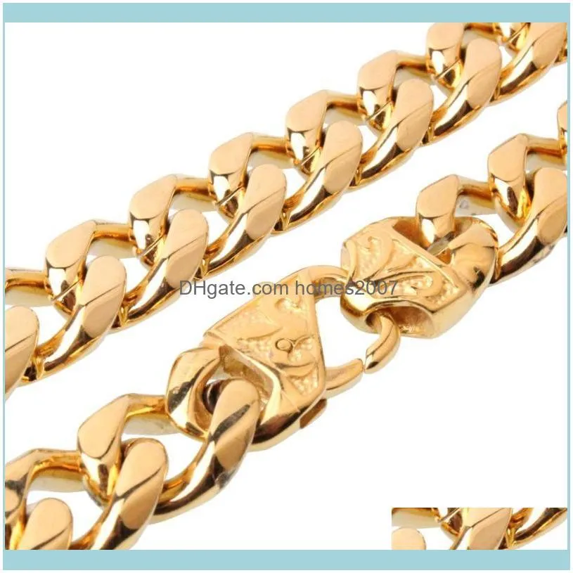 Curb Cuban Link Chain Bracelet & Necklace Jewelry Gift For Punk Men Boys 316L Stainless Steel Gold Tone 7-40inch 12/15mm Chains