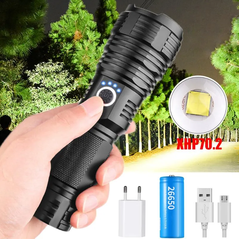 Powerful XHP70.2 LED USB Rechargeable Zoomable Torch XHP70 18650 26650 Hunting Camping Lamp Outdoor Waterproof Flashlights Torche Torches