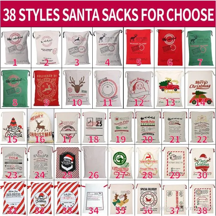 Canvas Christmas Santas Bag Stor dragskon Candy Claus Väskor Xmas Gift Santa Sacks för festivaldekoration