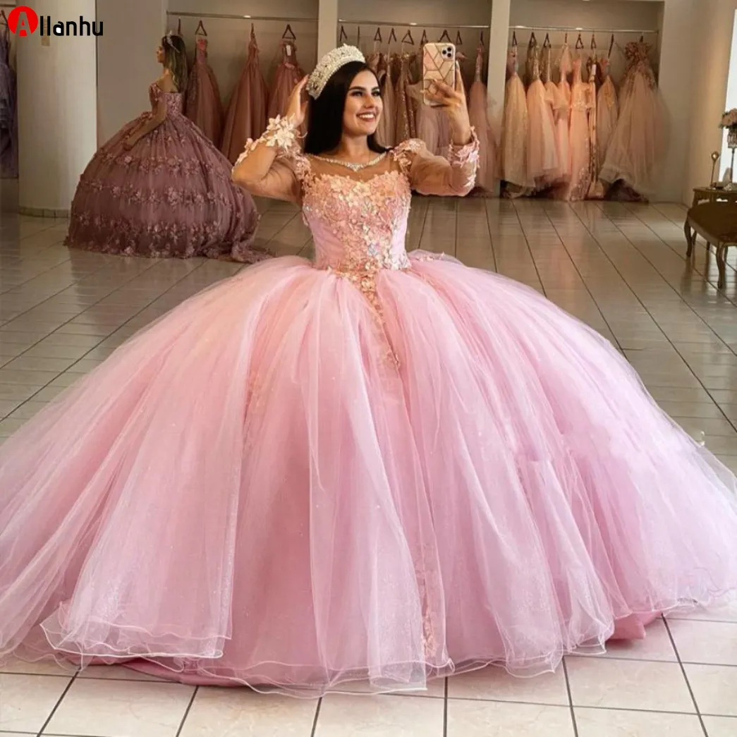 2022 الوردي بريق Quinceanera فساتين السهرة طويلة الأكمام 3d زهرة الحلو 16 اللباس الأميرة كريستال فساتين quinceanera wjy591