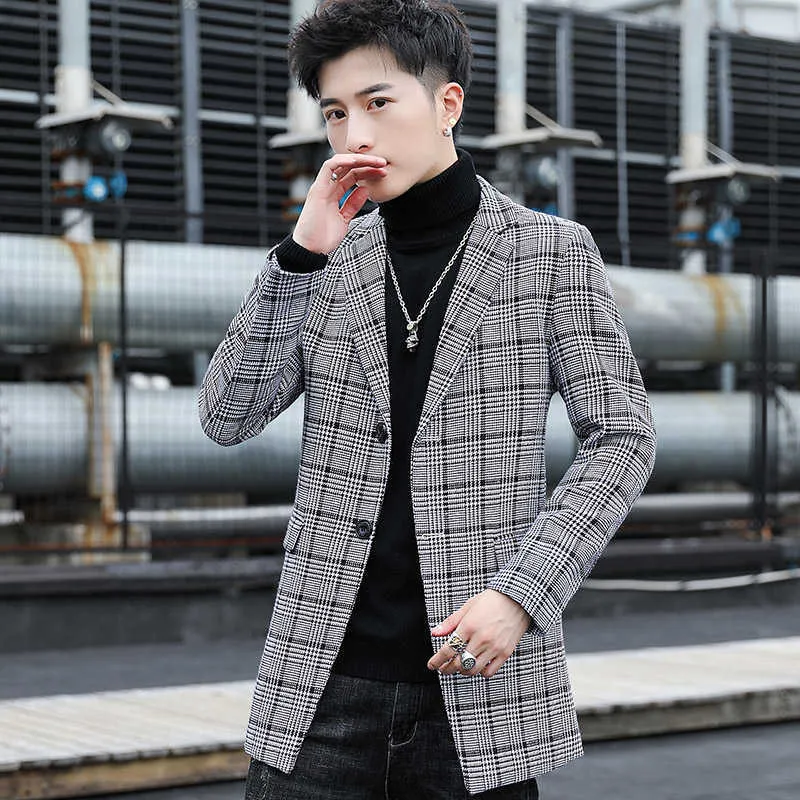 Koreański Plaid Męskie Wełna płaszcz Kurtka Long Casua Slim Woolen Windbreaker Moda Moda Mężczyźni Płaszcz ChaquequeS Hombre 210527