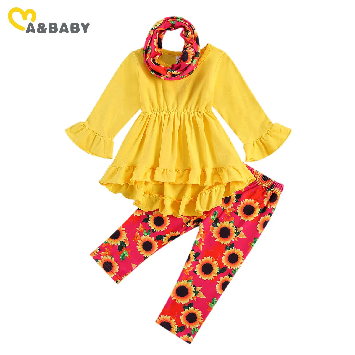 1-6y outono primavera toddler criança meninas roupas conjunto ruffles túnica tops flor calças crianças roupas de girassol 210515