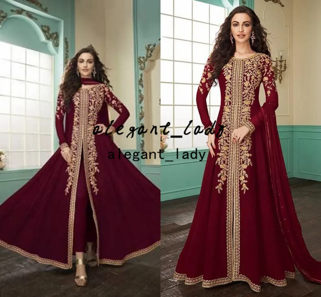 Abito da sposa Anarkali da sposa ricamato stile spacco bordeaux abito da sposa a maniche lunghe con applicazioni in pizzo dorato festival indiano