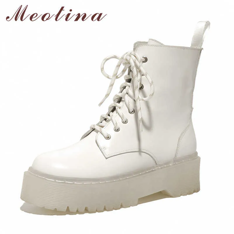 Meotina Motorcycle Boots Women Shoes Genuine Leather Flats Platform Ankle Boots Cross Tied Zipper Short Boots Autumn White 33-40 210608