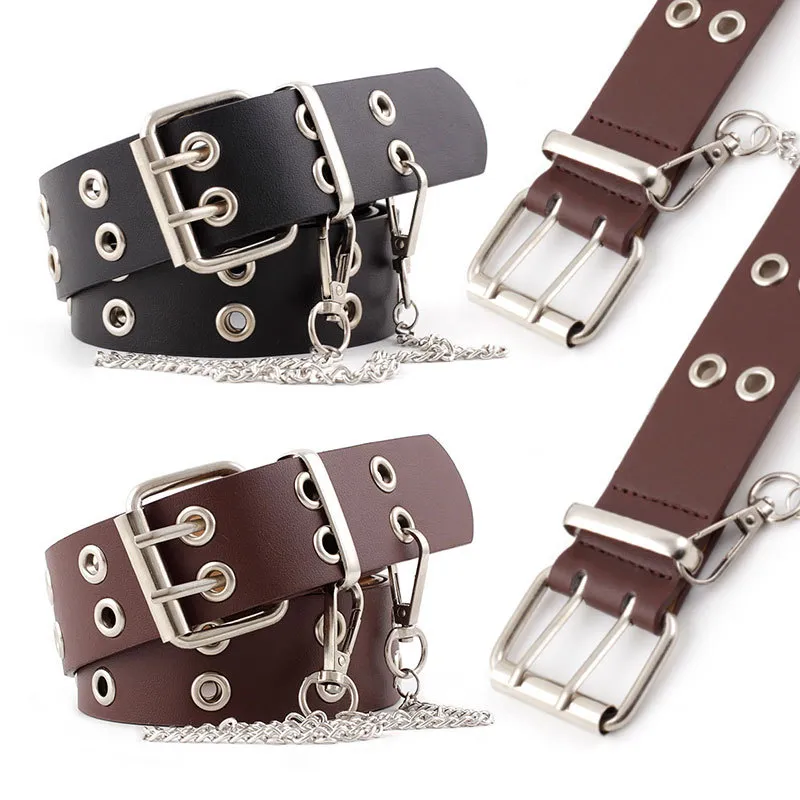 Punk Style Metal Buckle Regulowane Podwójne Wydepy Pas Belt Dżinsy Moda Paski łańcuchowe