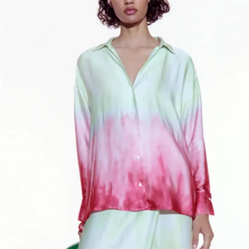 Kadınlar Yaz Vintage Gevşek Gömlek Bluzlar Za Kravat Boyası Baskı Moda Sokak Kadın Zarif Uzun Kollu Üst Giysiler Tops 210513